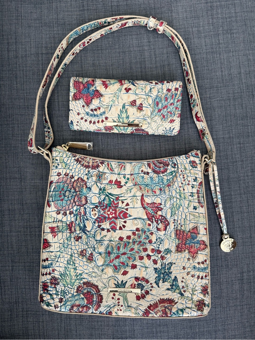 Brahmin Cream Floral Embossed Shoulder Bag and Matching Wallet